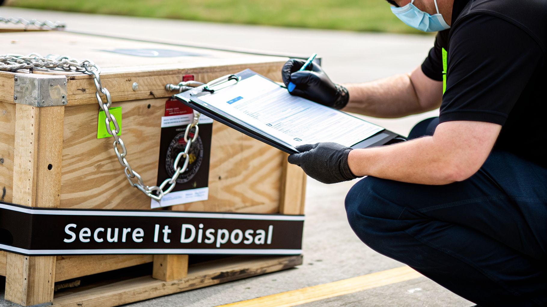 A person in a mask and gloves completes paperwork next to a wooden 'Secure It Disposal' crate.