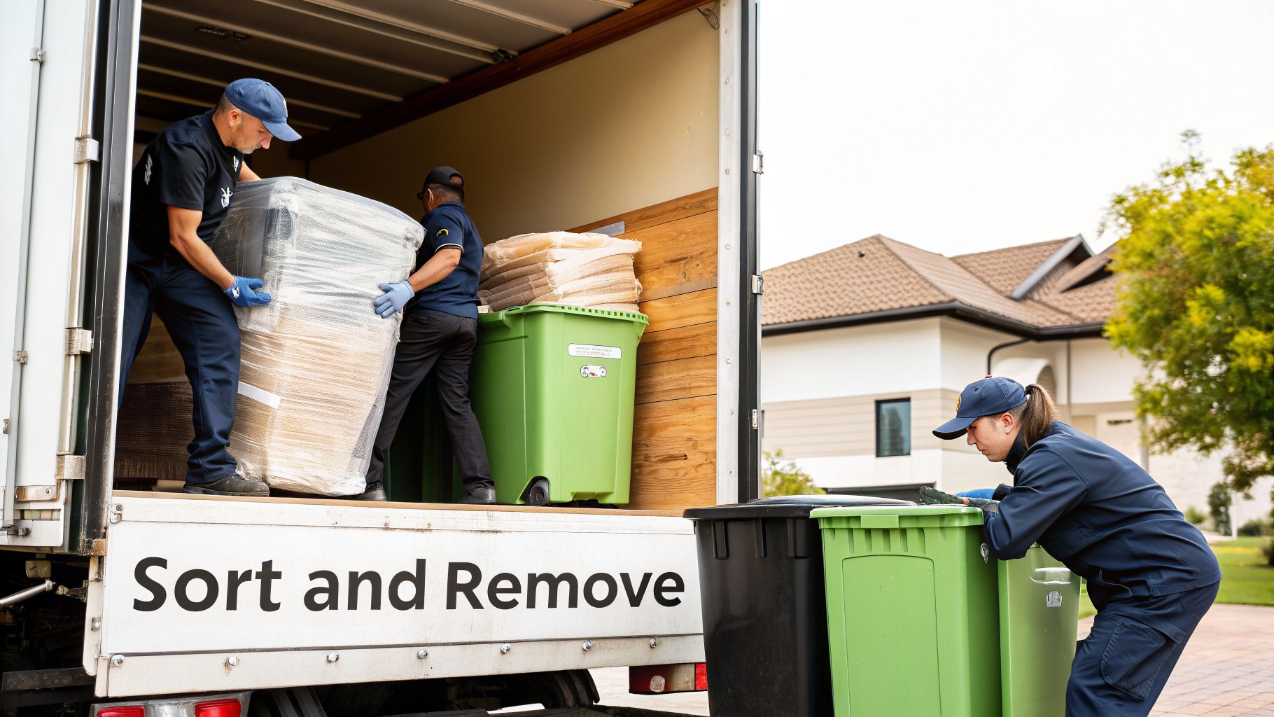 Crew members load items and bins into a truck for an office cleanout service.