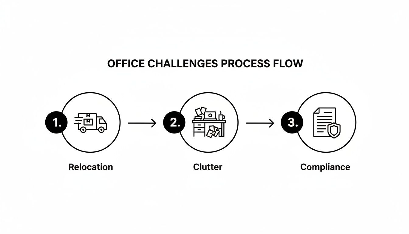 Infographic illustrating a three-step office challenges process: relocation, clutter, and compliance.