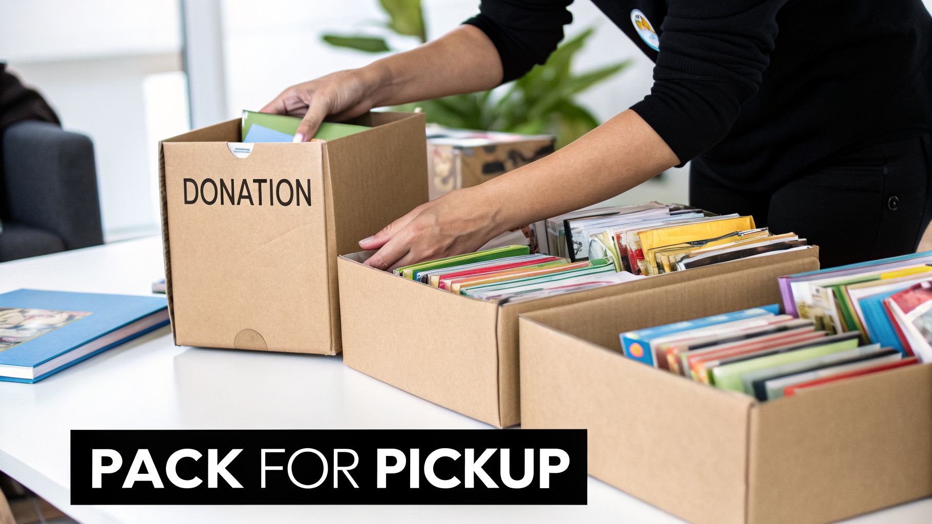 A person is packing colorful books into cardboard boxes labeled 'DONATION' on a white table.