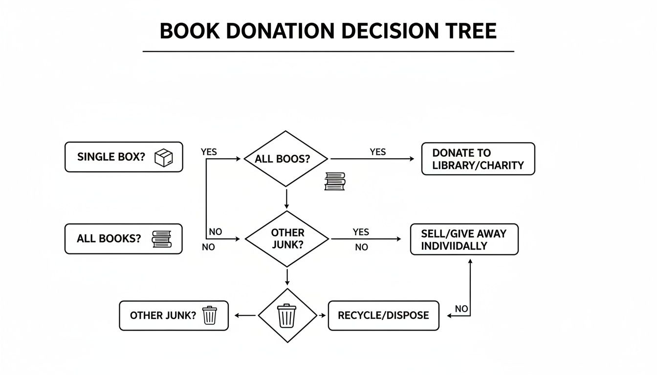 A decision tree flowchart for book donation, outlining options to donate, sell, or dispose of books.