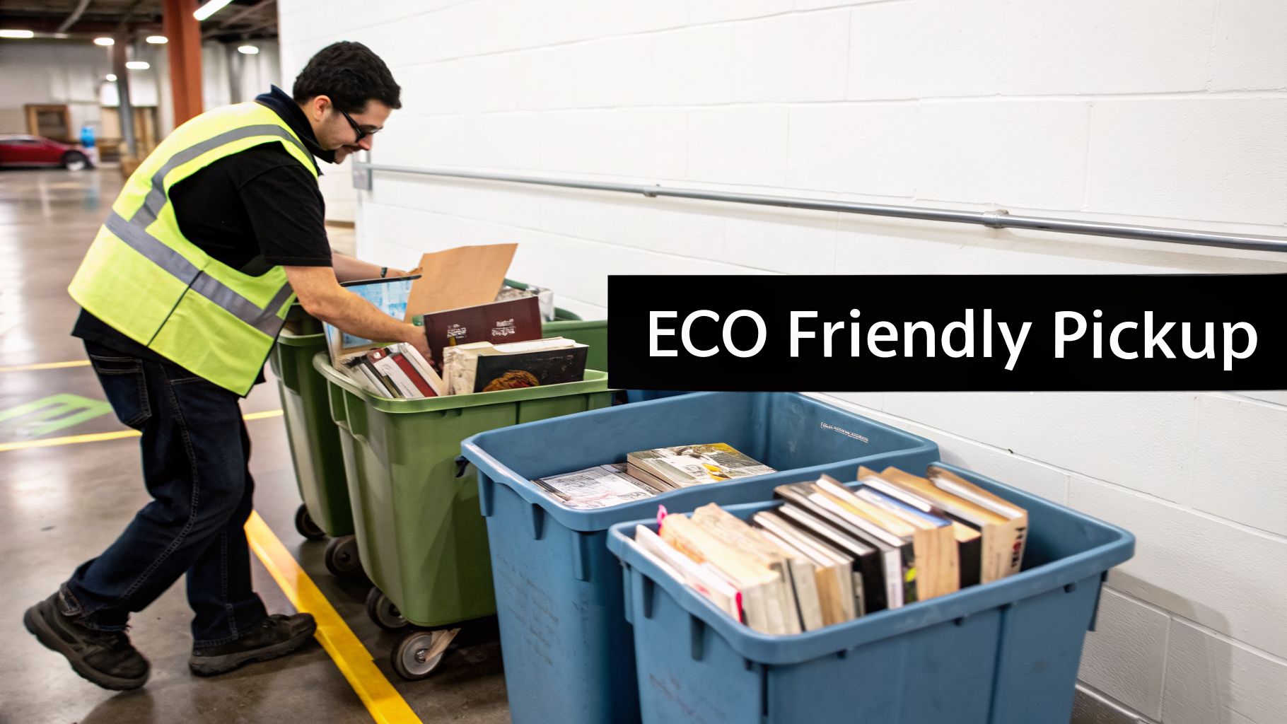 A man in a high-vis vest sorts books into green bins for eco-friendly pickup.