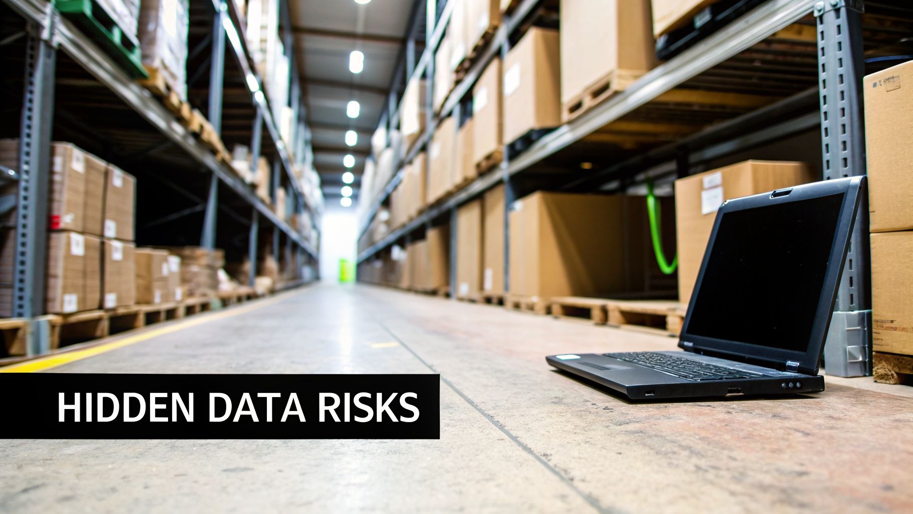 A laptop lies on the floor in a vast warehouse with many boxes, symbolizing hidden data risks.