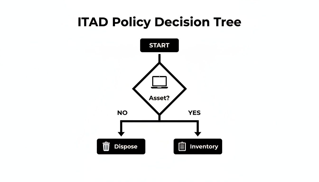 A flowchart detailing ITAD policy: Start, then decide if it's an asset. If no, dispose. If yes, inventory.
