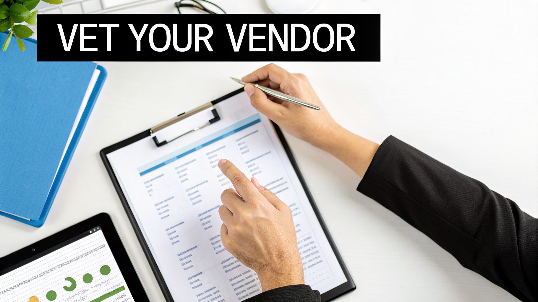 Hands reviewing vendor documents on a clipboard with a tablet, highlighted by a 'VET YOUR VENDOR' banner.