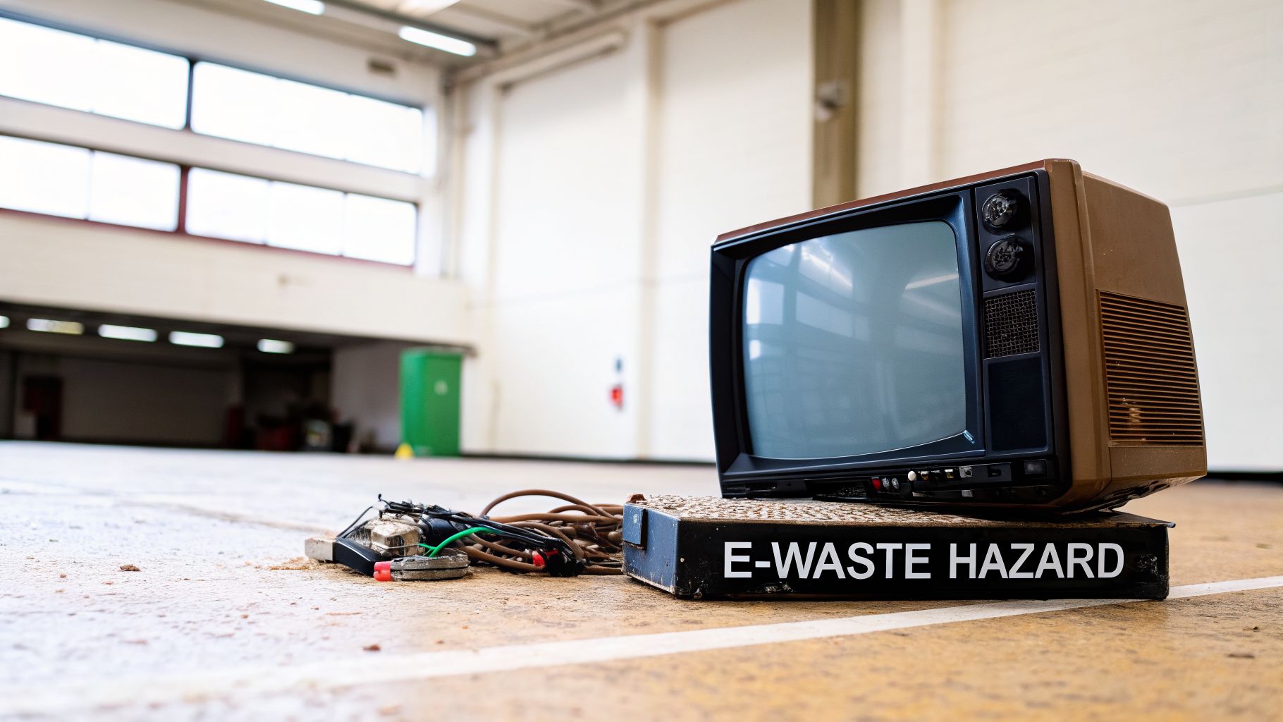 An old brown CRT television sits on a black box labeled 'E-WASTE HAZARD' with wires nearby.