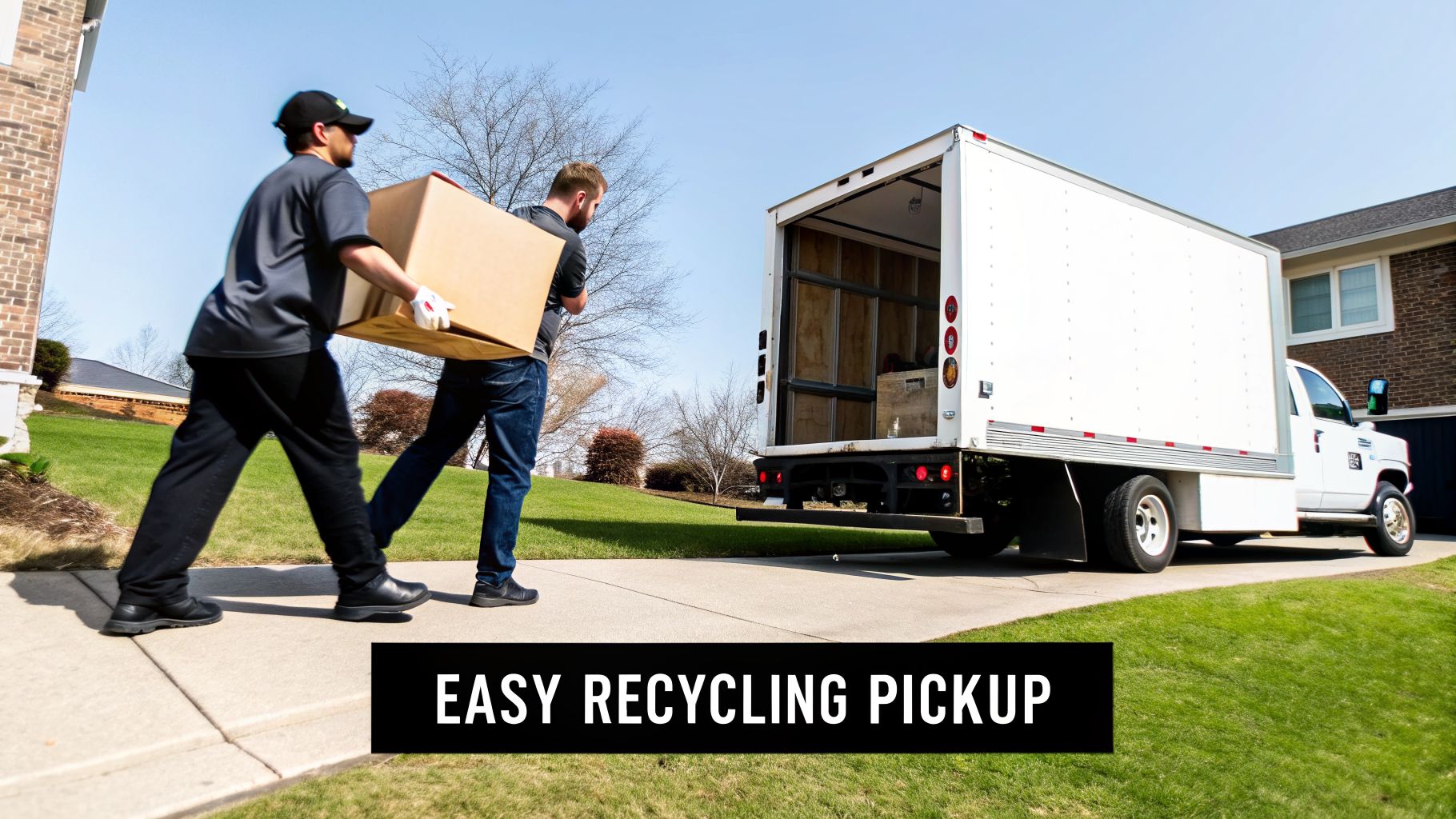 Two men carrying a large cardboard box towards a white moving truck for easy recycling pickup.