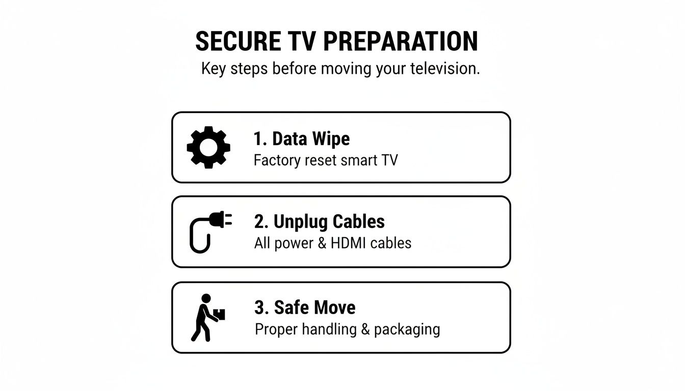Infographic outlining three key steps for secure TV preparation before moving: data wipe, unplug cables, and safe handling.