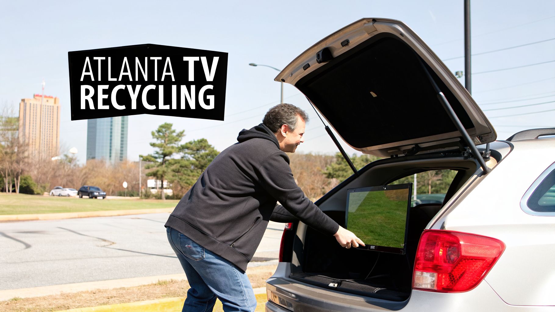 Man loading a flat-screen TV into an SUV trunk under an Atlanta TV recycling sign.