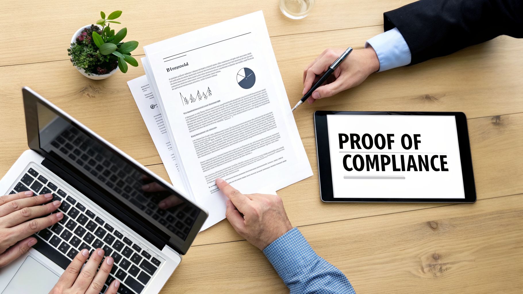 Two business professionals review documents and a laptop, with a tablet displaying 'PROOF OF COMPLIANCE' on a wooden desk.