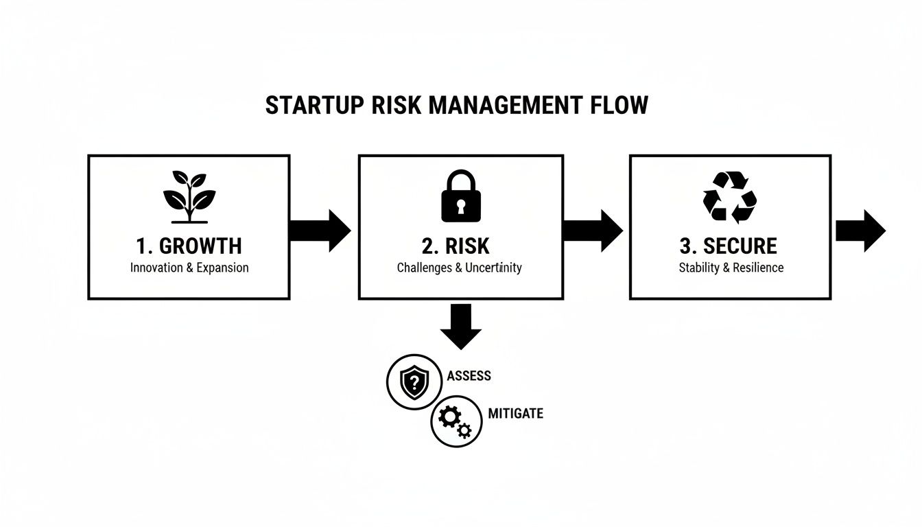 Diagram illustrating startup risk management flow with three stages: Growth, Risk (assess, mitigate), and Secure.