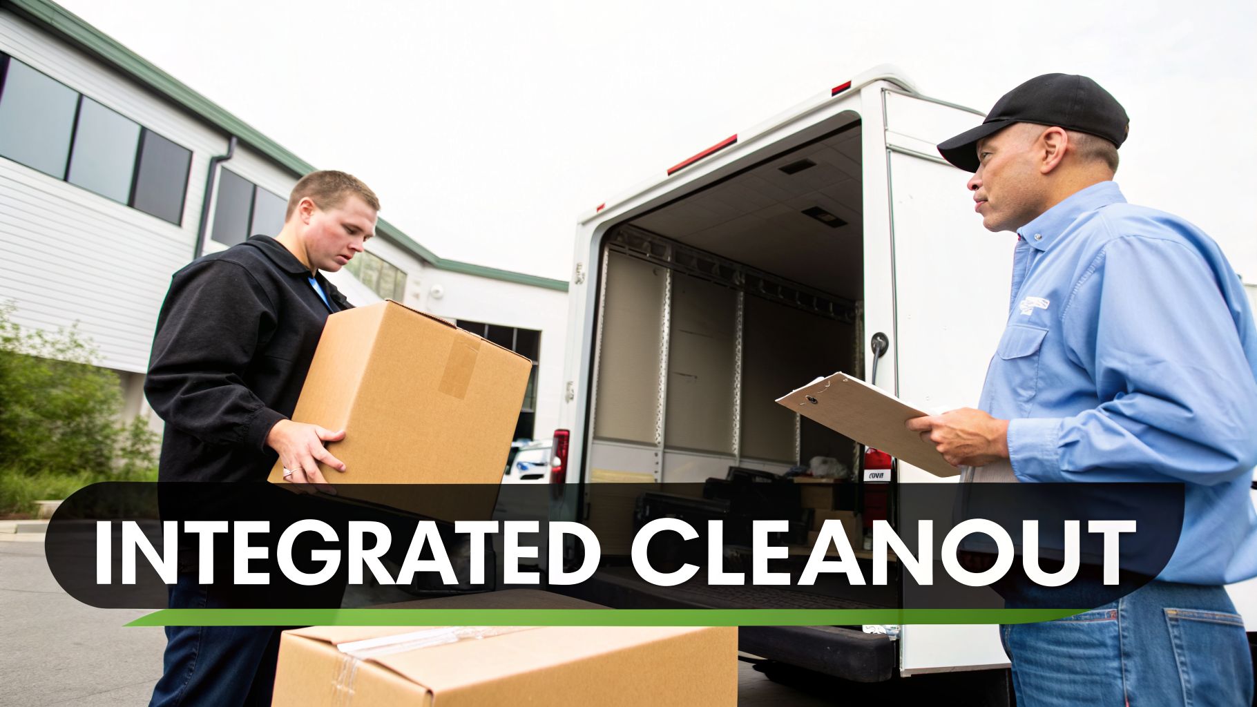 Two men loading boxes into a white truck for an integrated cleanout service.
