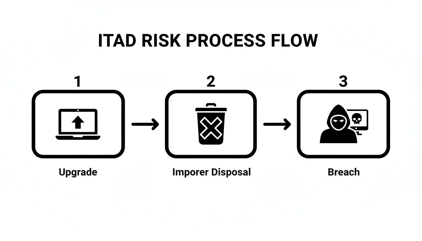 Flowchart illustrating the ITAD risk process from upgrade to improper disposal and data breach.
