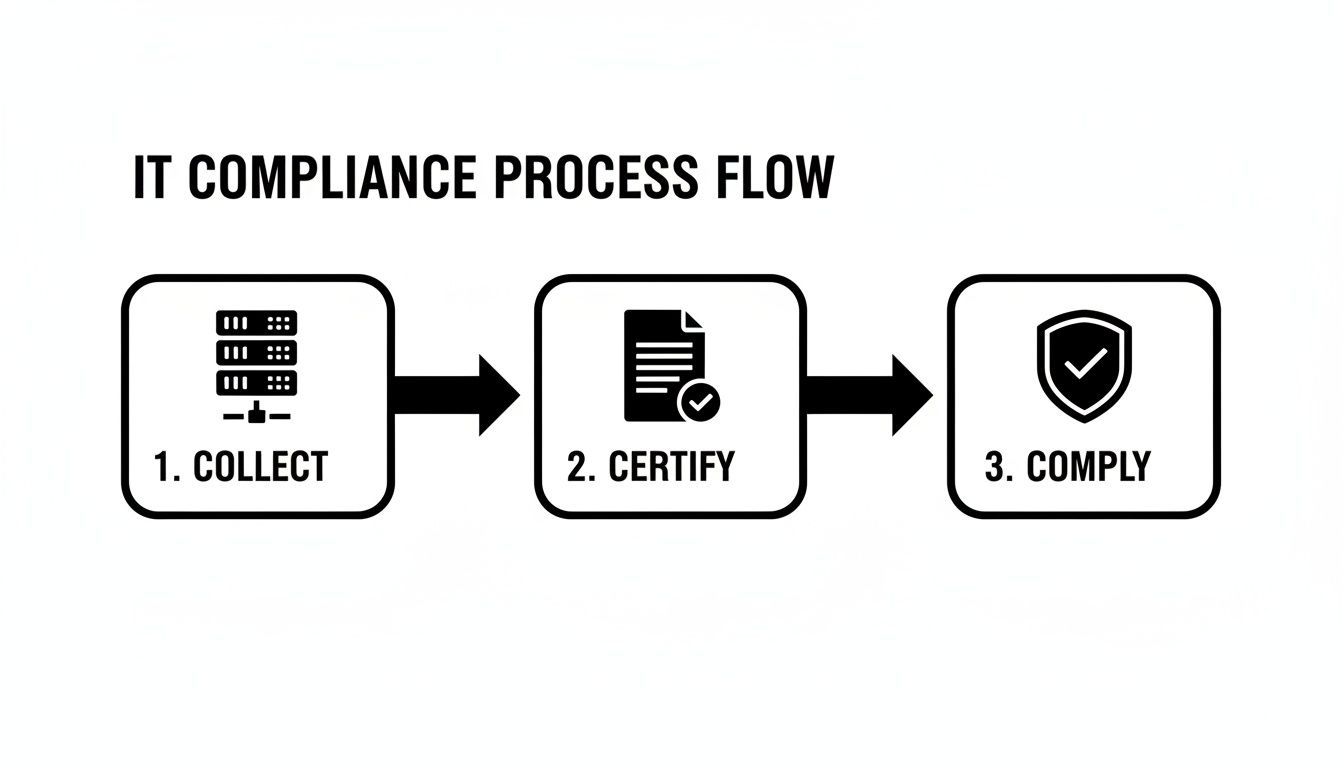 IT Compliance Process Flow diagram illustrating three steps: Collect, Certify, and Comply with IT regulations.