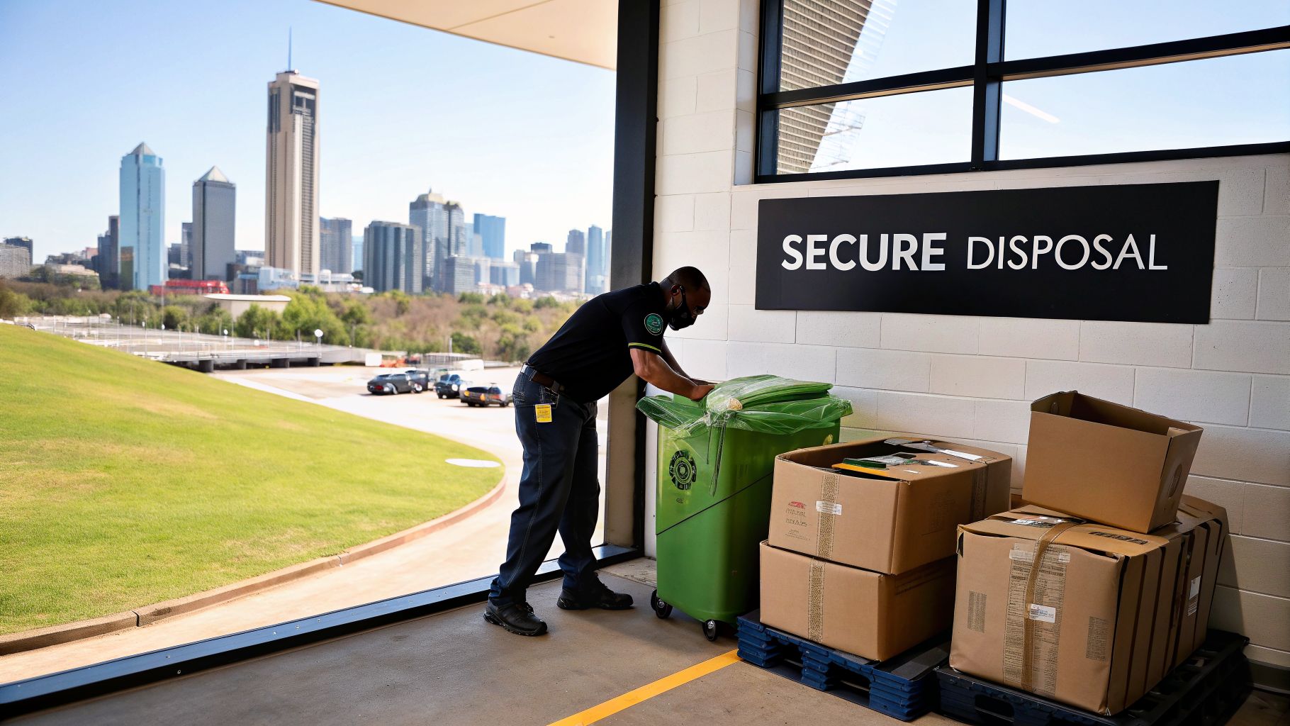 A man in a mask securely disposes of items in a green bin, with a city skyline visible.
