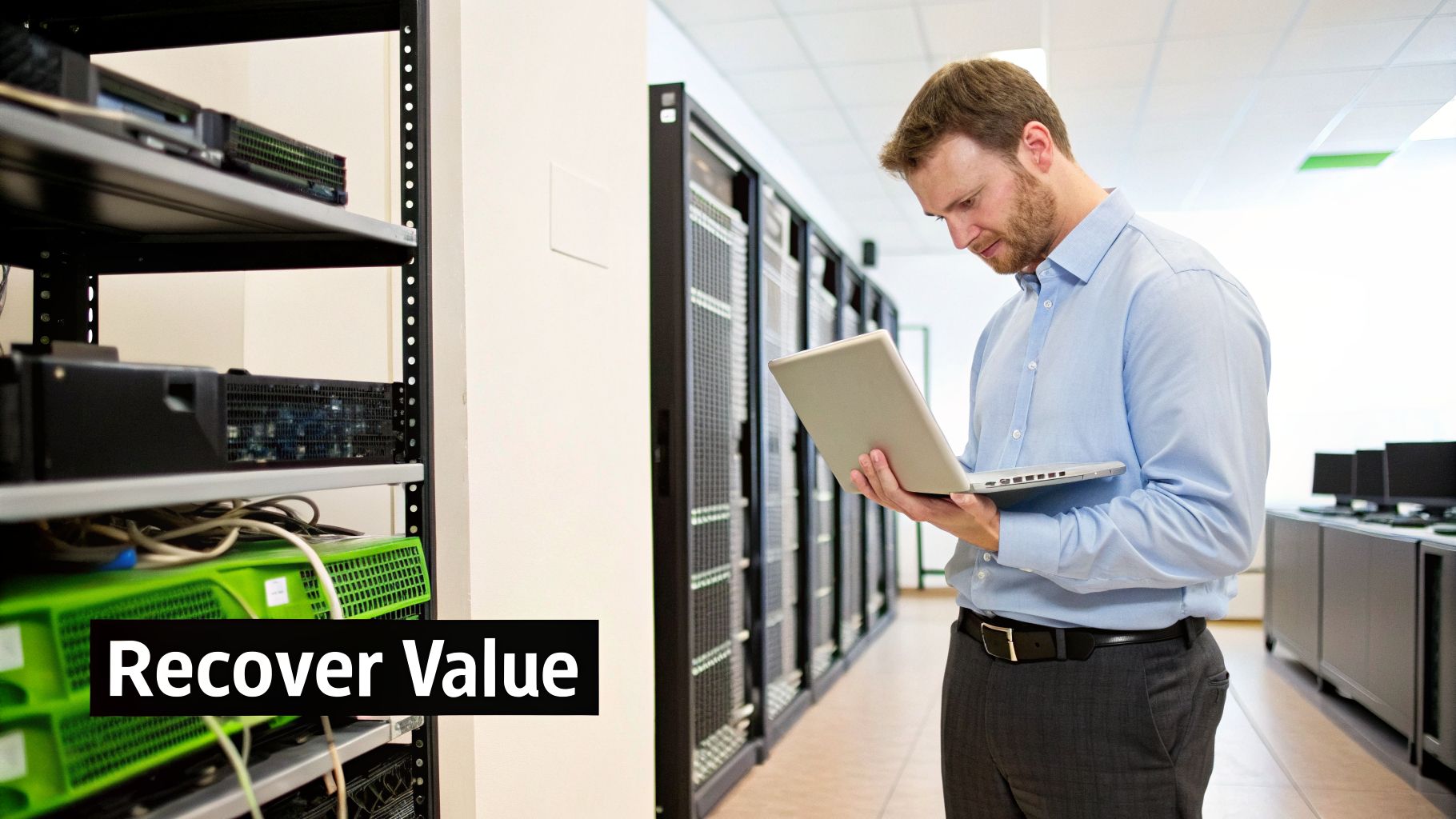 An IT professional works on a laptop in a data center, surrounded by server racks.