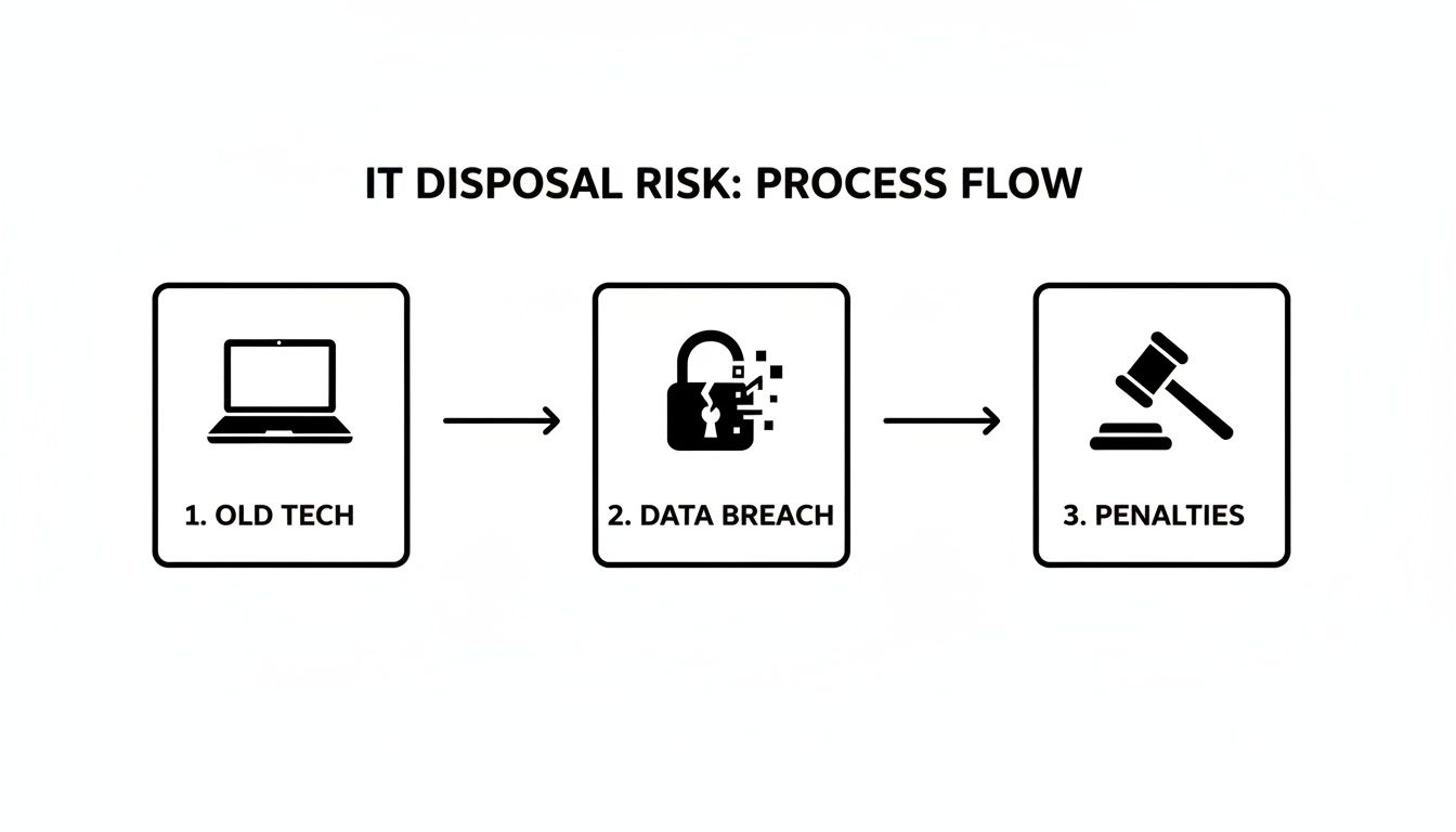 Process flow diagram showing IT disposal risk from old tech to data breach and penalties.