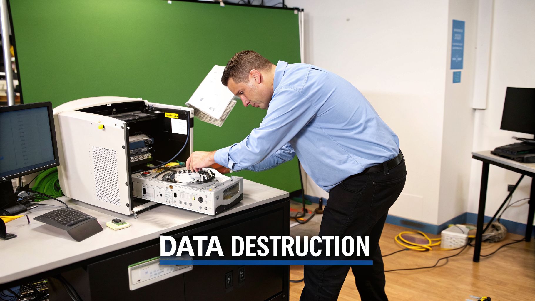 A man in a blue shirt works on an electronic device for data destruction in a tech lab.