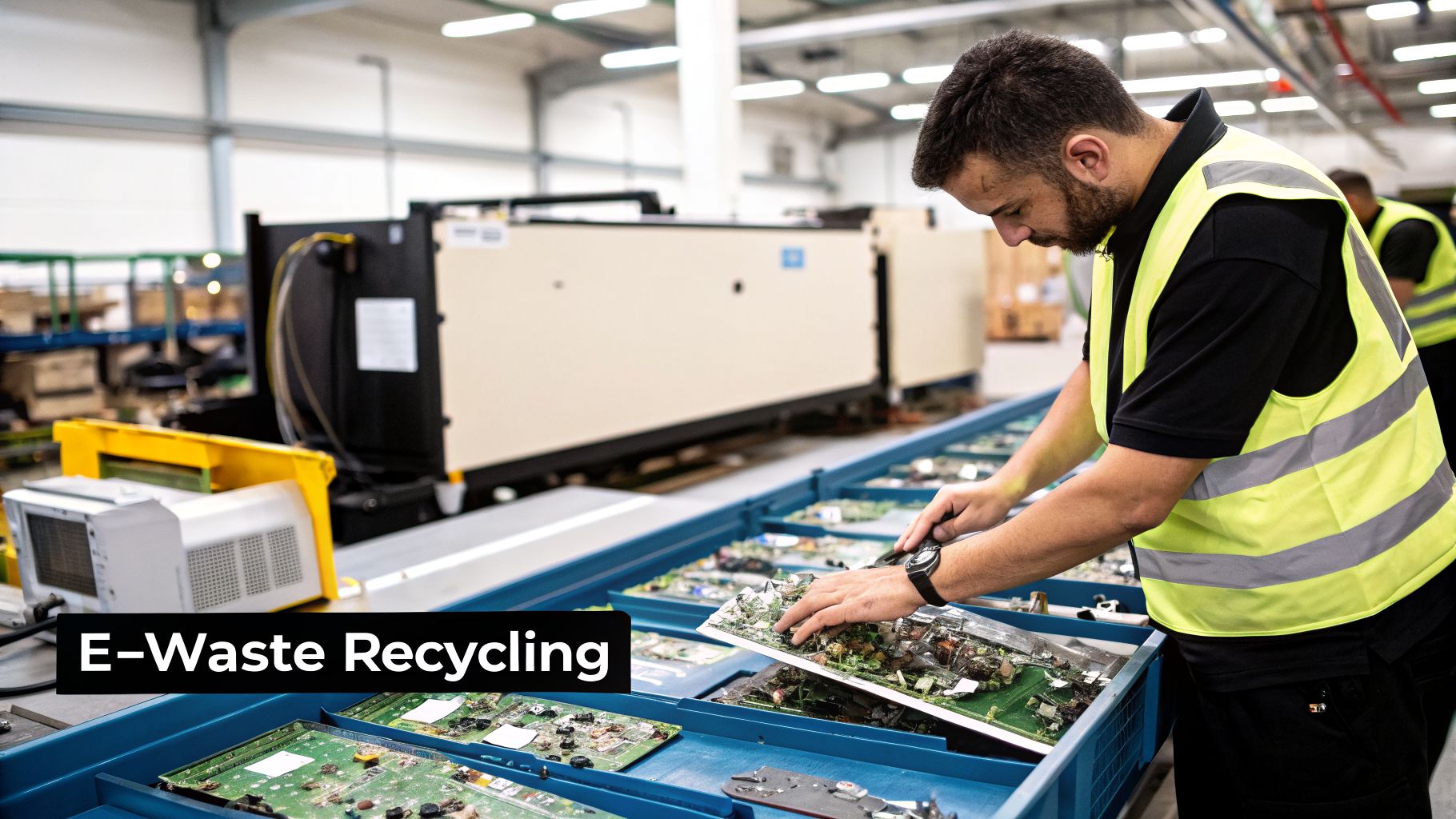 A worker in a high-visibility vest sorts electronic circuit boards on an e-waste recycling line.