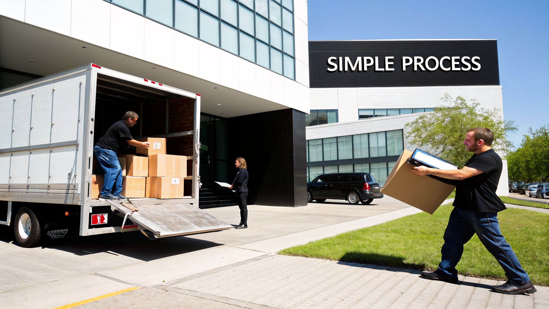 Professional movers efficiently unload boxes from a truck outside a modern building, demonstrating a simple process.