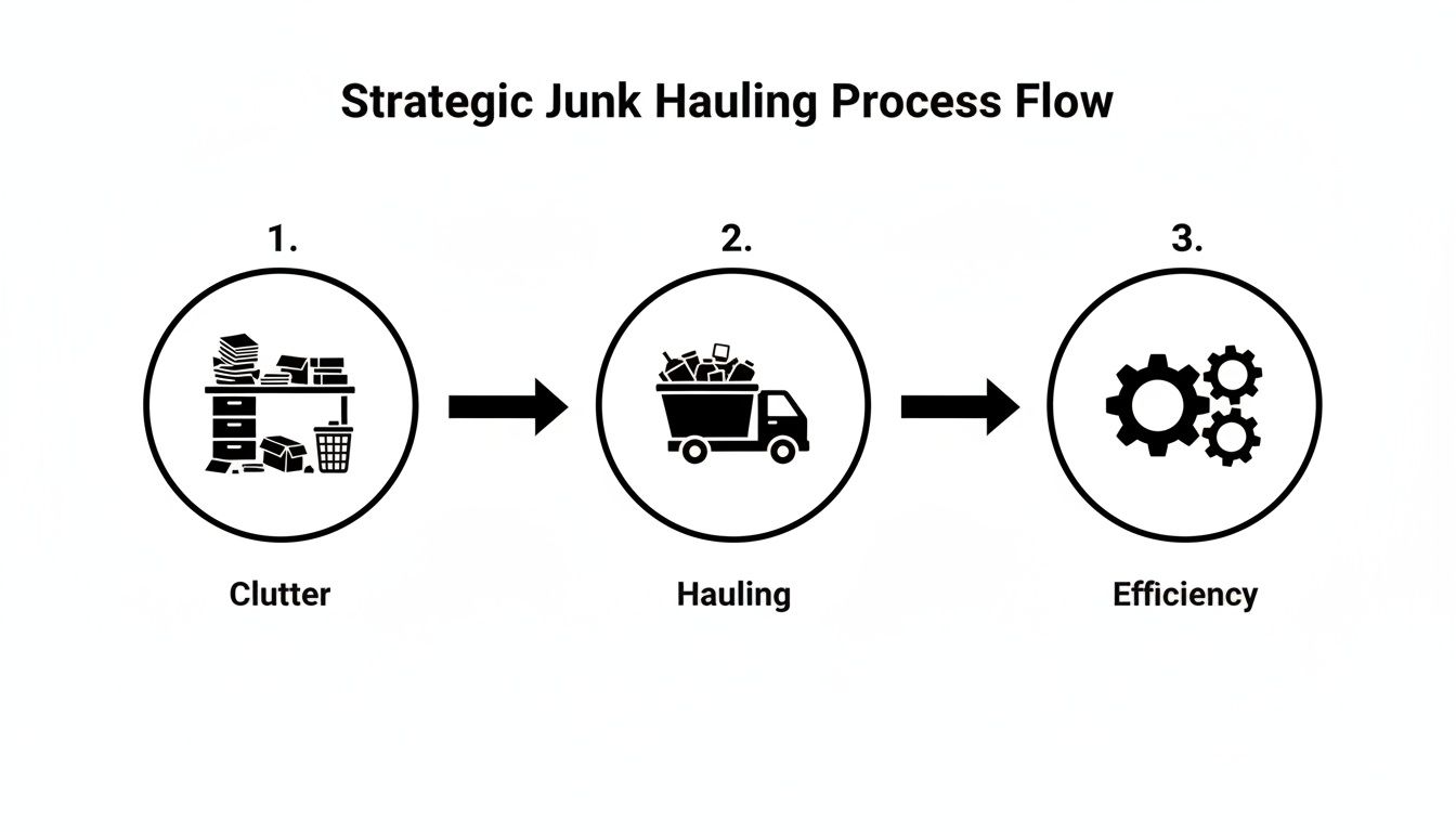 A three-step diagram illustrating the strategic junk hauling process: clutter, hauling, and efficiency.