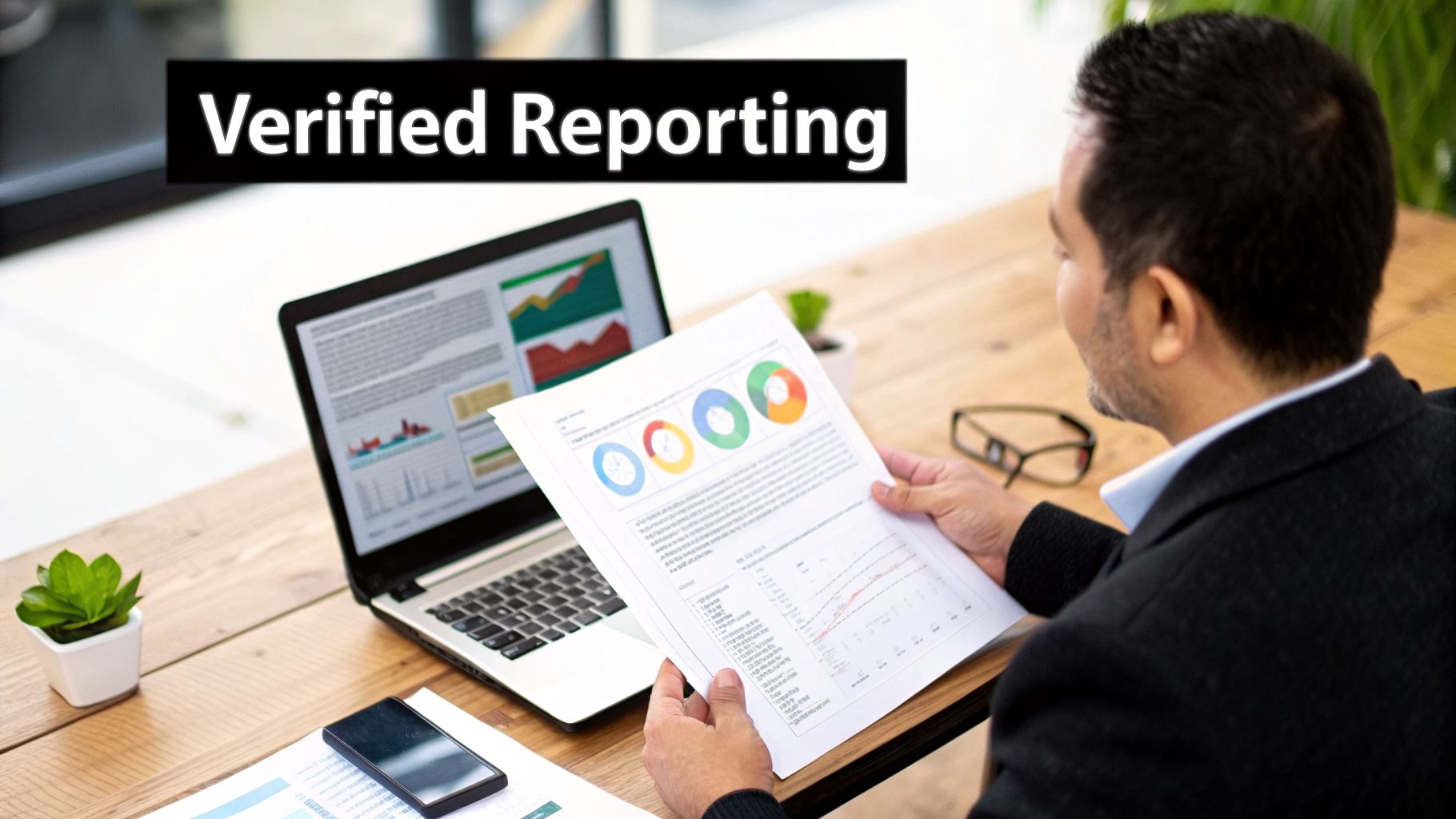 A person reviews a data report with charts and graphs, next to a laptop displaying business analytics, with 'Verified Reporting' overlay.