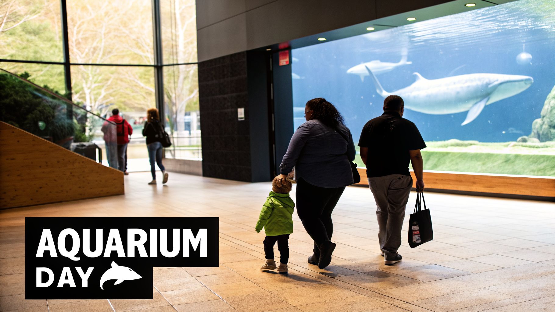 A family and other visitors walk past a large aquarium tank with whale sharks on 'Aquarium Day'.
