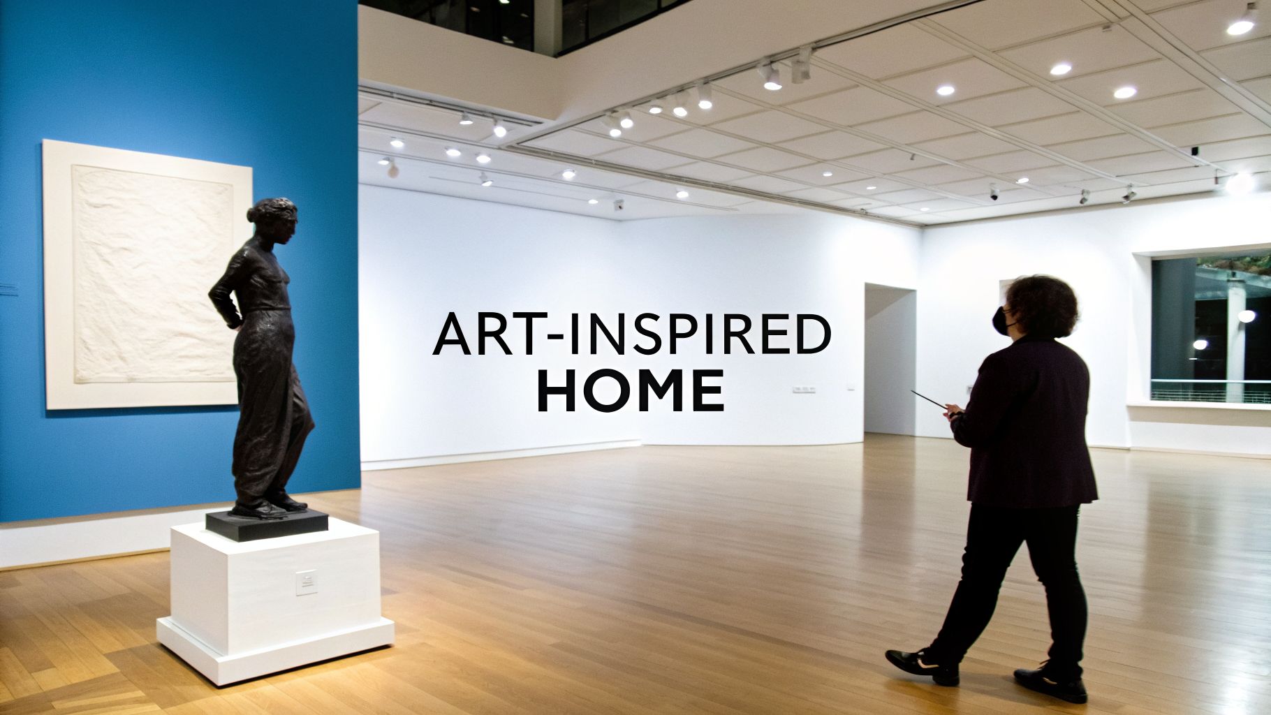 A masked person views sculptures and framed art in a modern art gallery with text 'ART-INSPIRED HOME'.