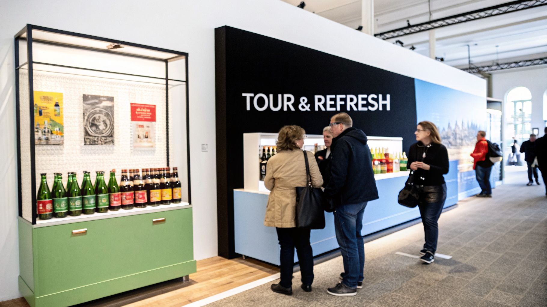Visitors interact at a modern beverage display with bottled drinks and a 'Tour & Refresh' sign.