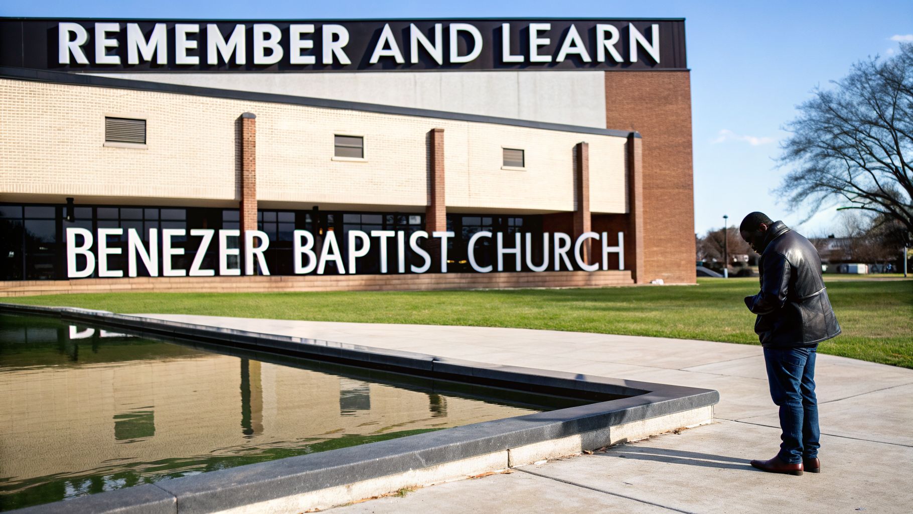 A man stands thoughtfully near the Ebenezer Baptist Church, with its name reflecting in a pool.