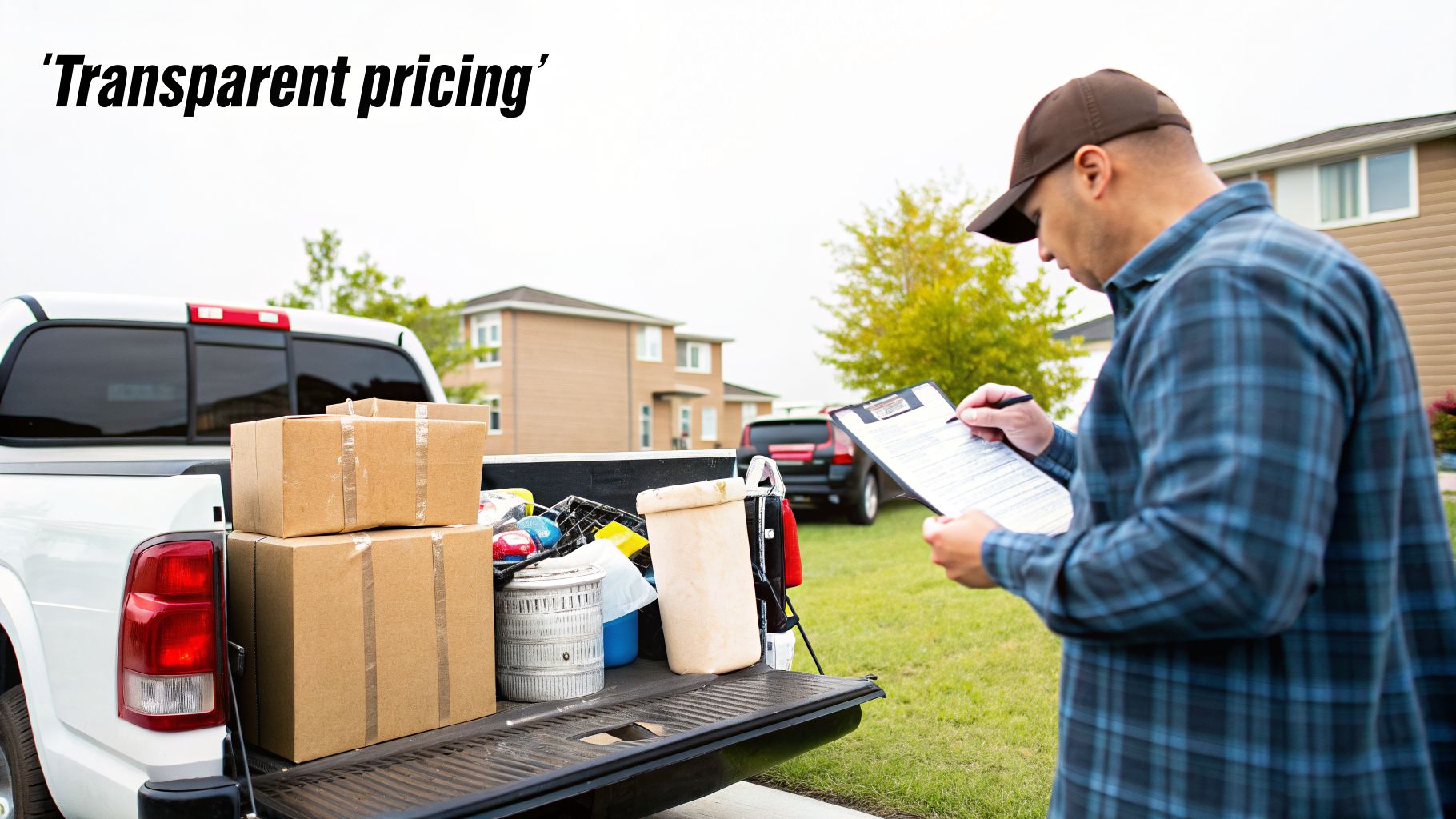 A service man reviews documents next to a pickup truck loaded with boxes and a trash can, labeled 'Transparent pricing'.