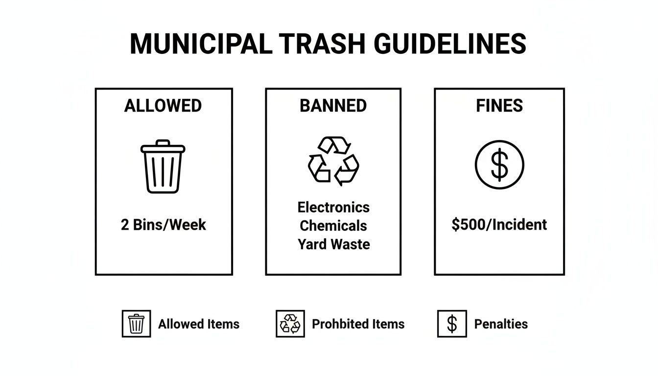 Municipal trash guidelines displaying allowed bin limits, banned items, and associated fines.