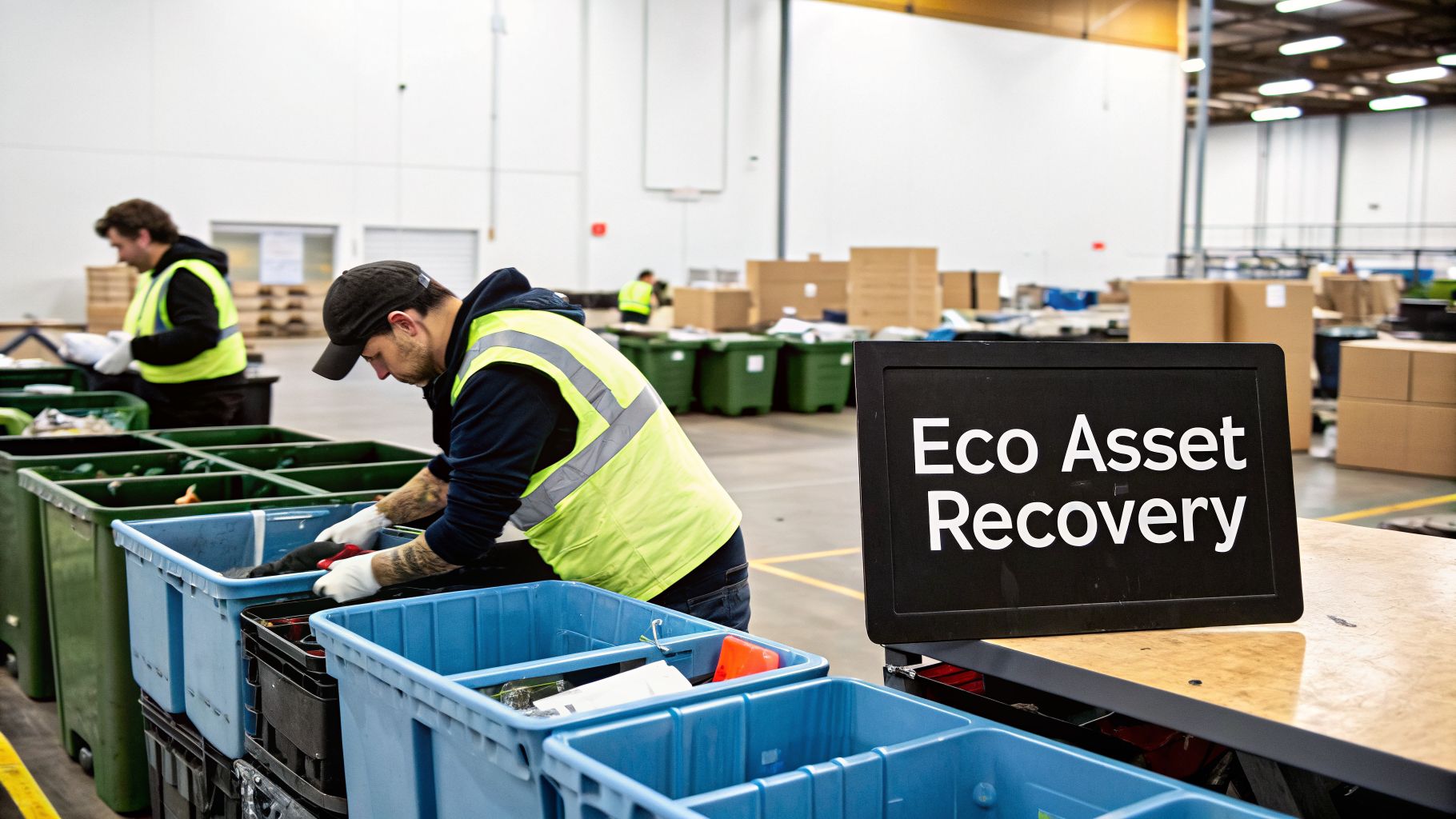Workers in a warehouse diligently sort materials into bins for Eco Asset Recovery.
