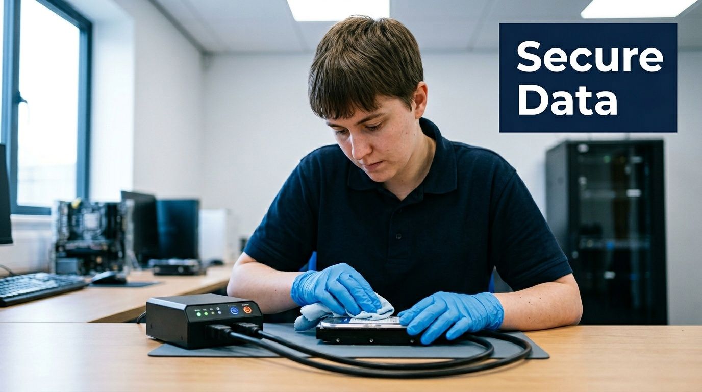A technician wearing blue gloves cleans a hard drive at a desk in an IT office.
