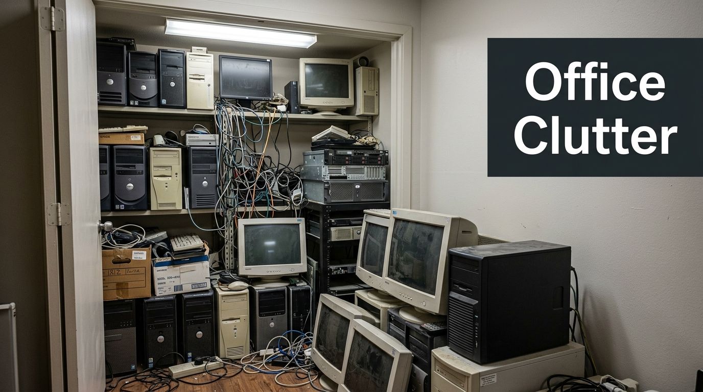 A cluttered storage closet filled with old computers, monitors, and tangled cables inside an office space.