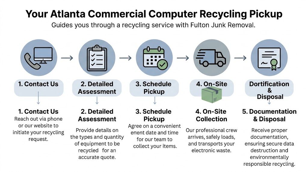 A flowchart showing the five step process for commercial computer recycling pickup by Fulton Junk Removal.
