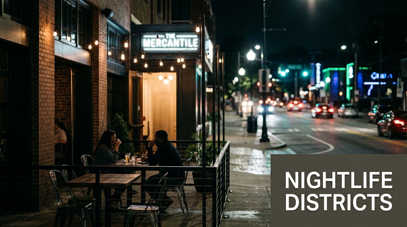 A vibrant nightlife scene featuring a restaurant patio with people and string lights by a busy street.