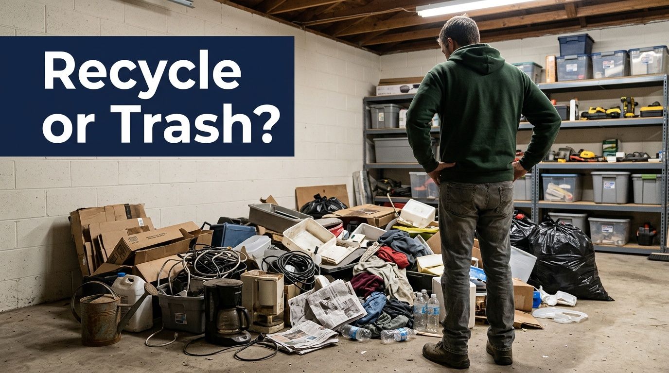 A man stands in his garage looking at a large pile of assorted waste and recyclables.