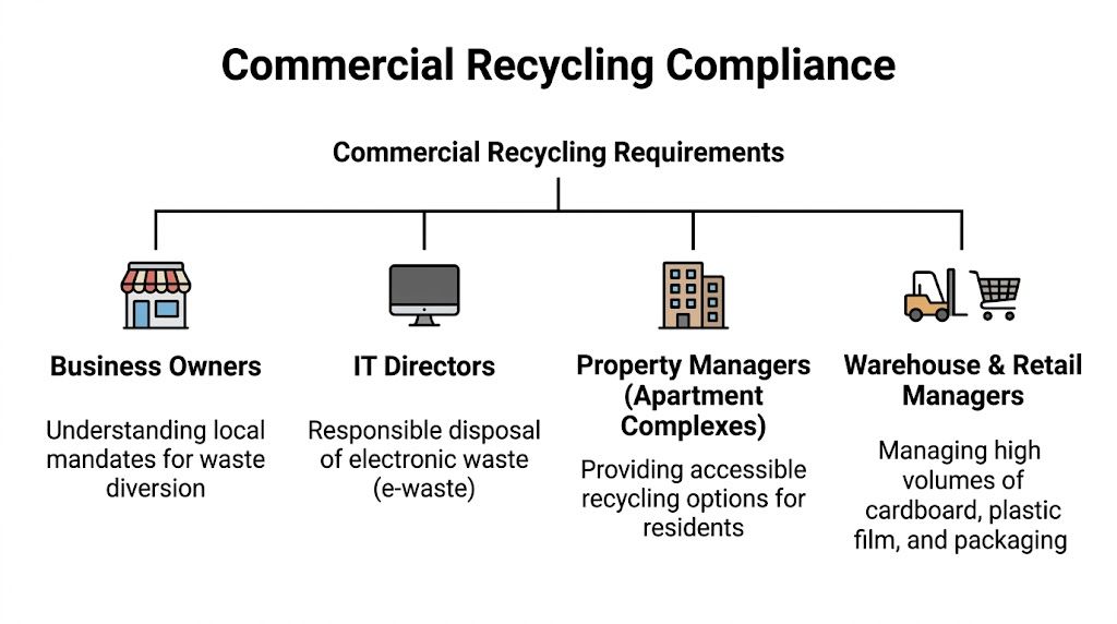 An infographic showing commercial recycling requirements for business owners, IT directors, property managers, and retail managers.