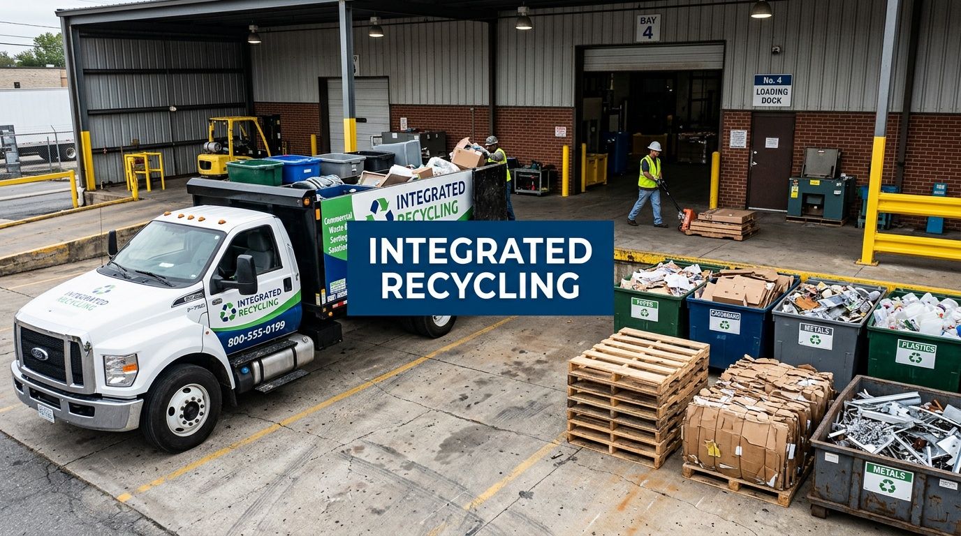 A commercial recycling truck parked at an industrial loading dock with workers sorting various recyclables into containers.
