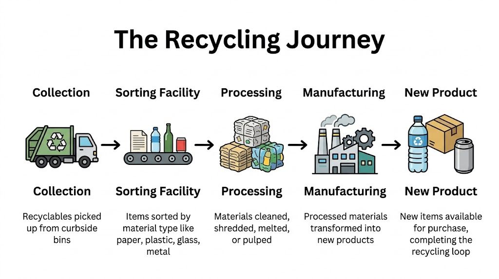 A diagram illustrating the step-by-step recycling journey from initial curbside collection to finished new products.