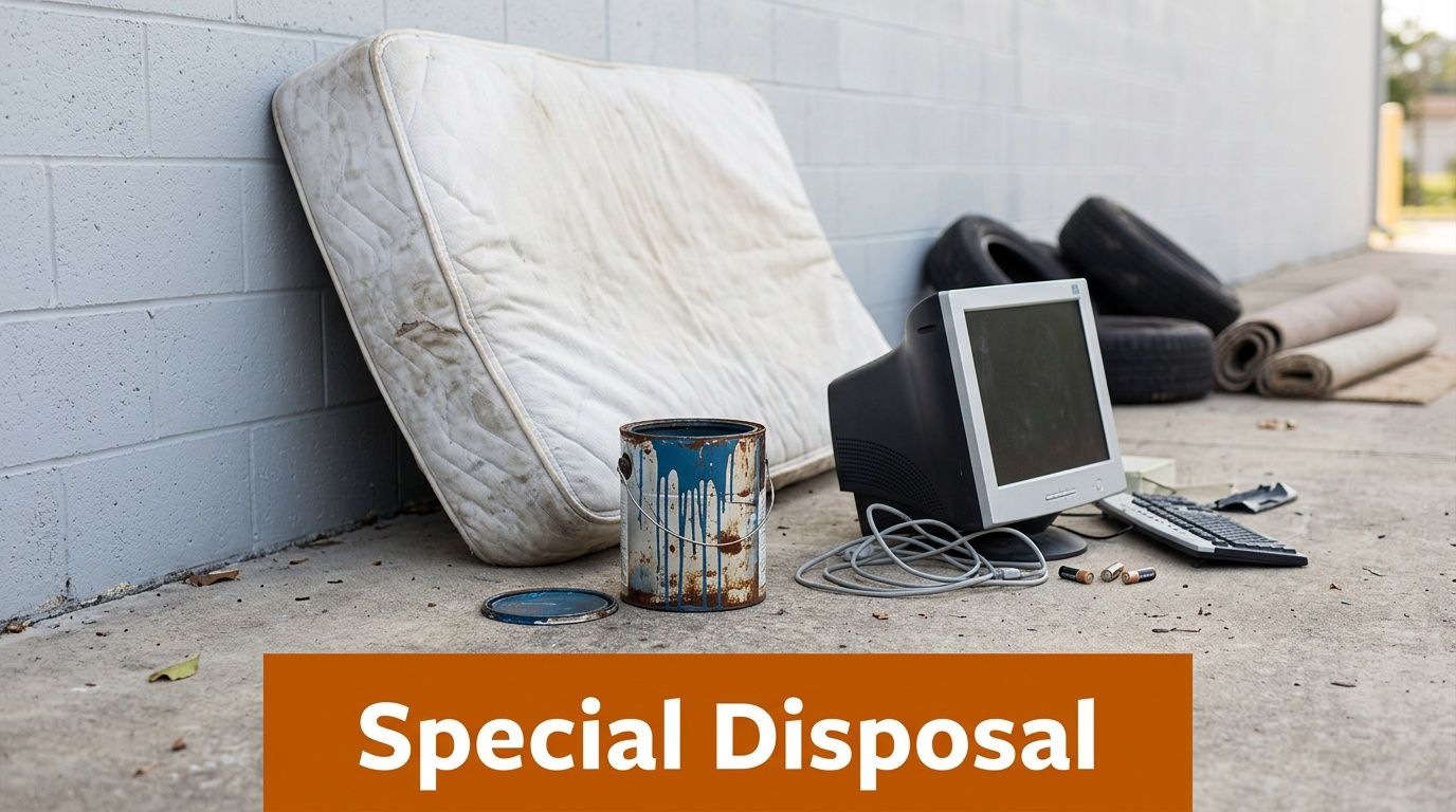 Discarded household items including a mattress, computer monitor, and paint can left for special trash collection.