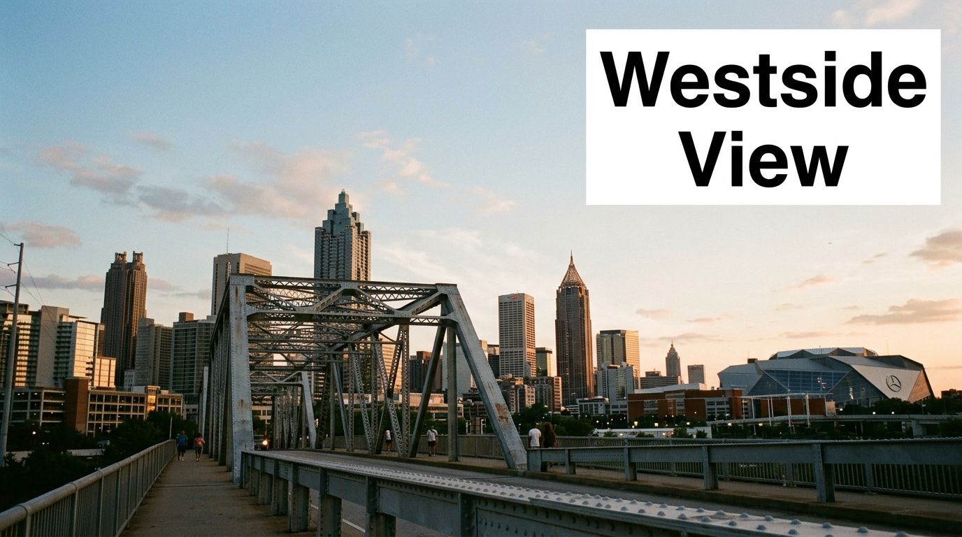 A scenic view of the Atlanta city skyline from a pedestrian bridge at sunset.