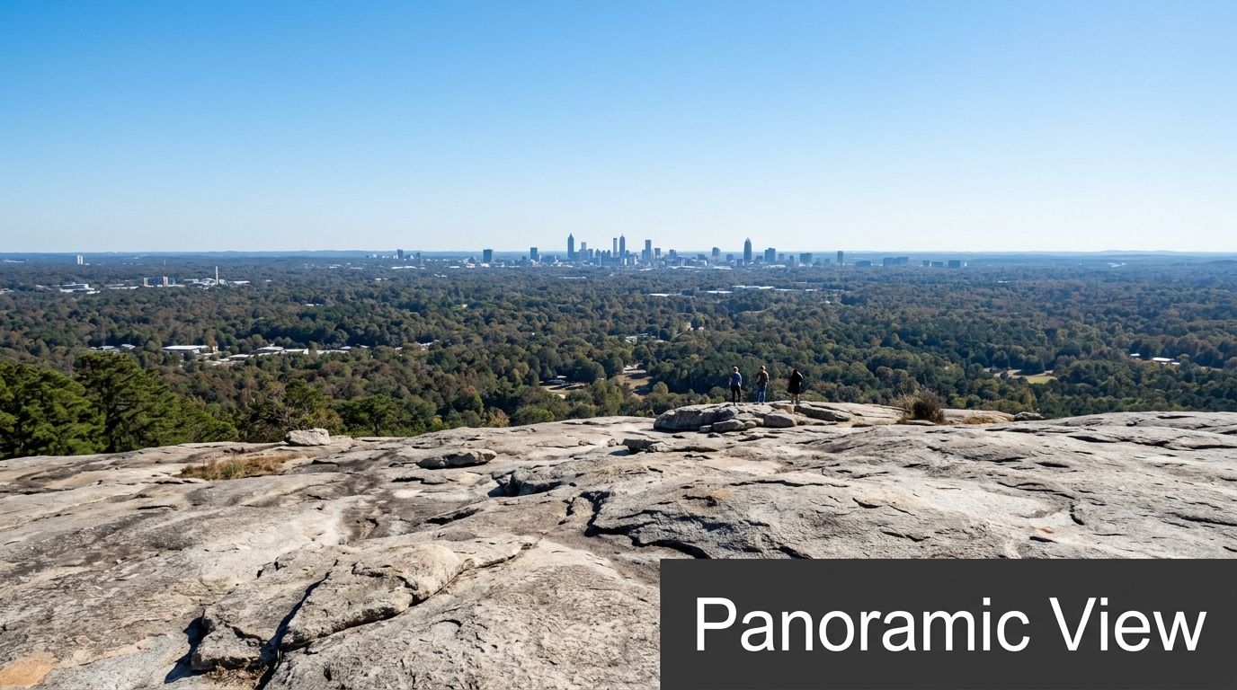A scenic overlook from a rocky mountain top looking toward the distant Atlanta city skyline