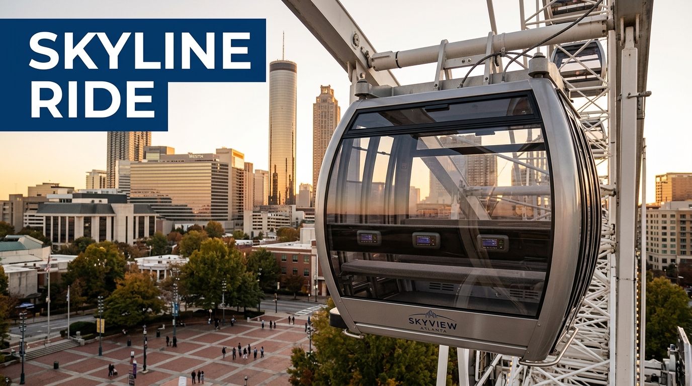 A glass gondola on the SkyView Atlanta ferris wheel overlooking the city skyline during a sunset.