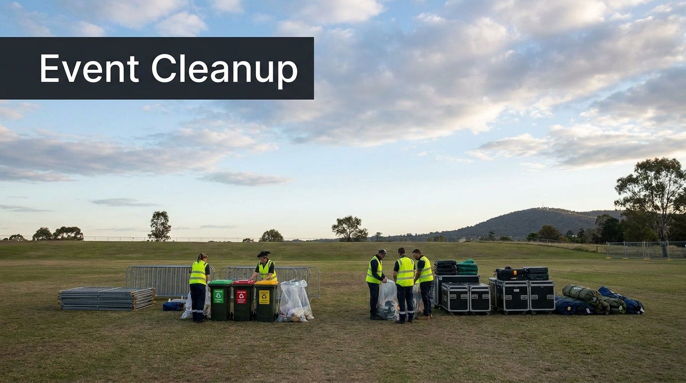 A group of workers in high-visibility vests cleaning up litter and organizing equipment on a grassy field.
