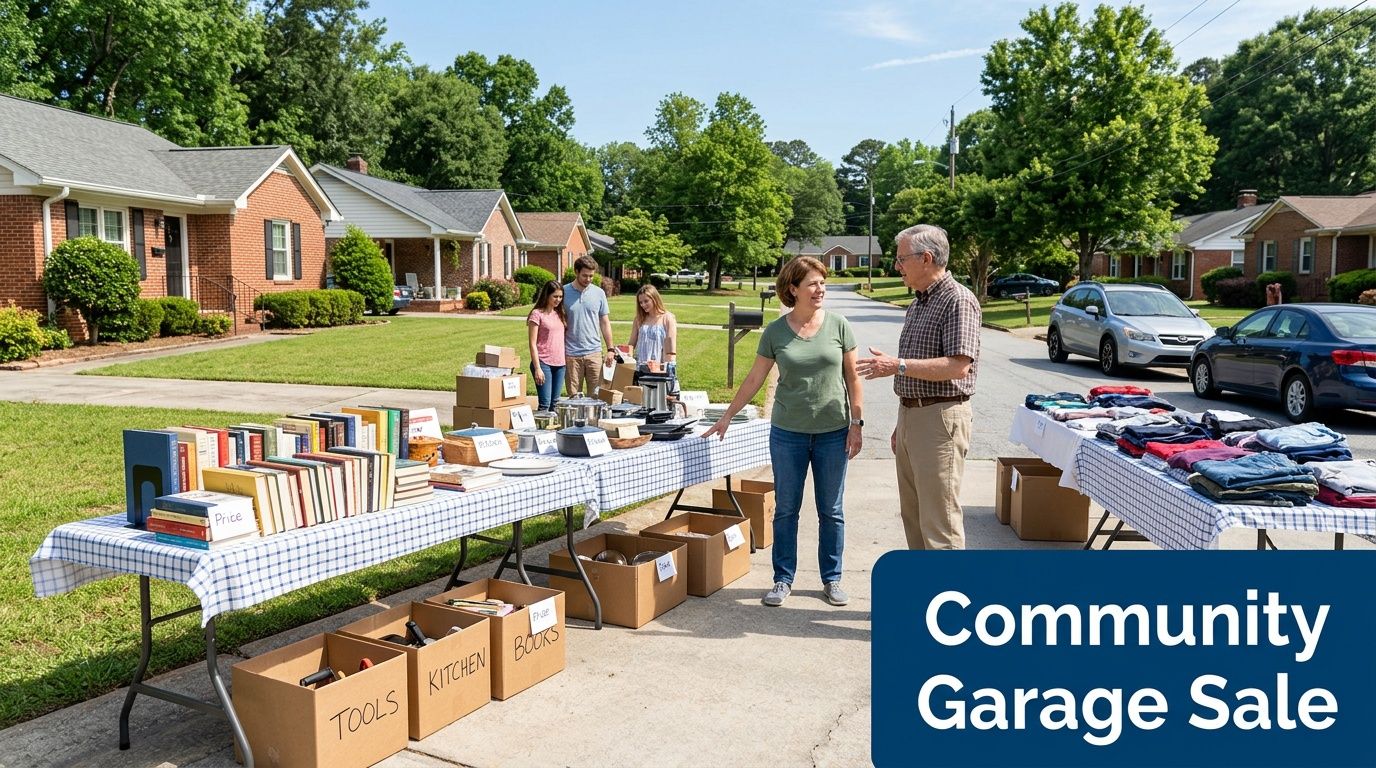 A group of neighbors hosting a friendly community garage sale on a sunny suburban residential street.