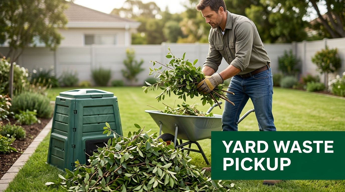 A man in a green shirt places gathered tree branches into a wheelbarrow near a backyard compost bin.