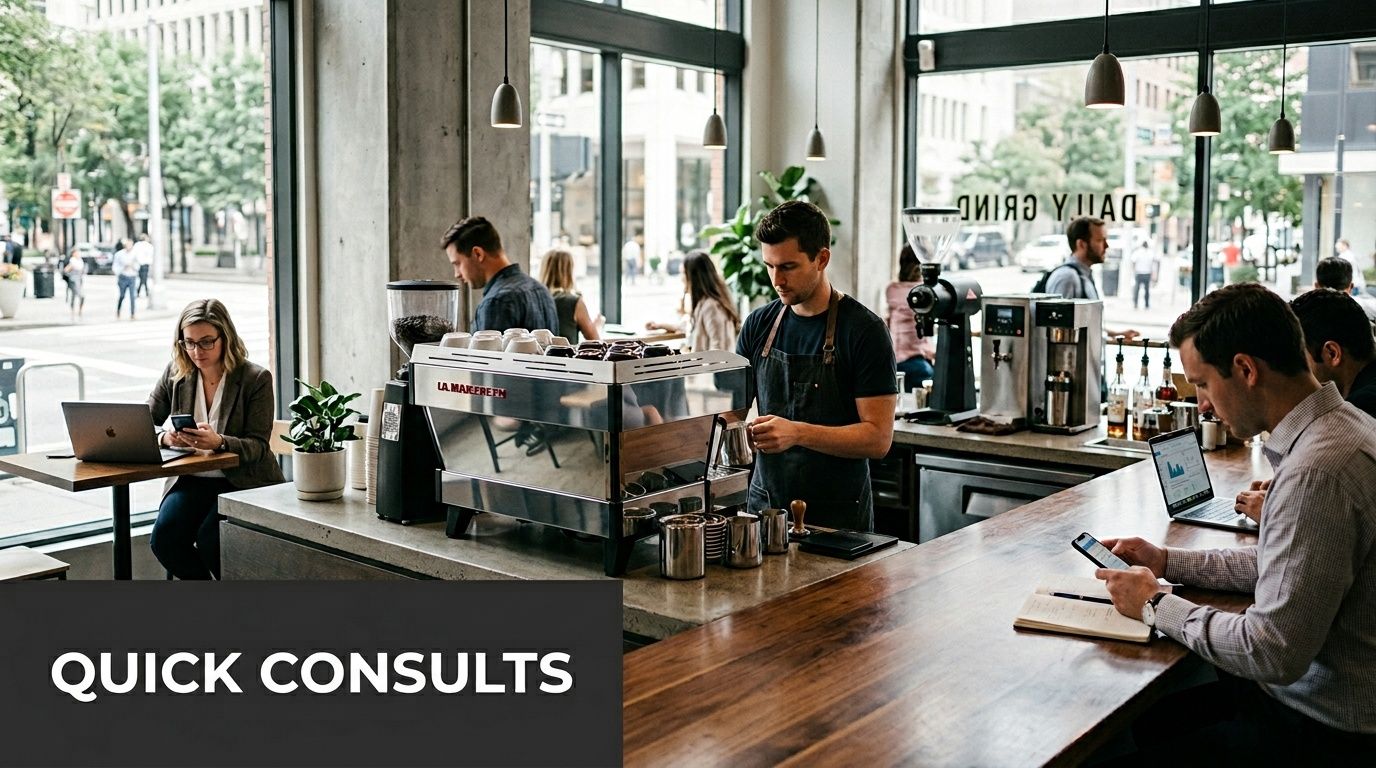 Inside a modern, busy coffee shop with a barista working and customers on laptops and phones.