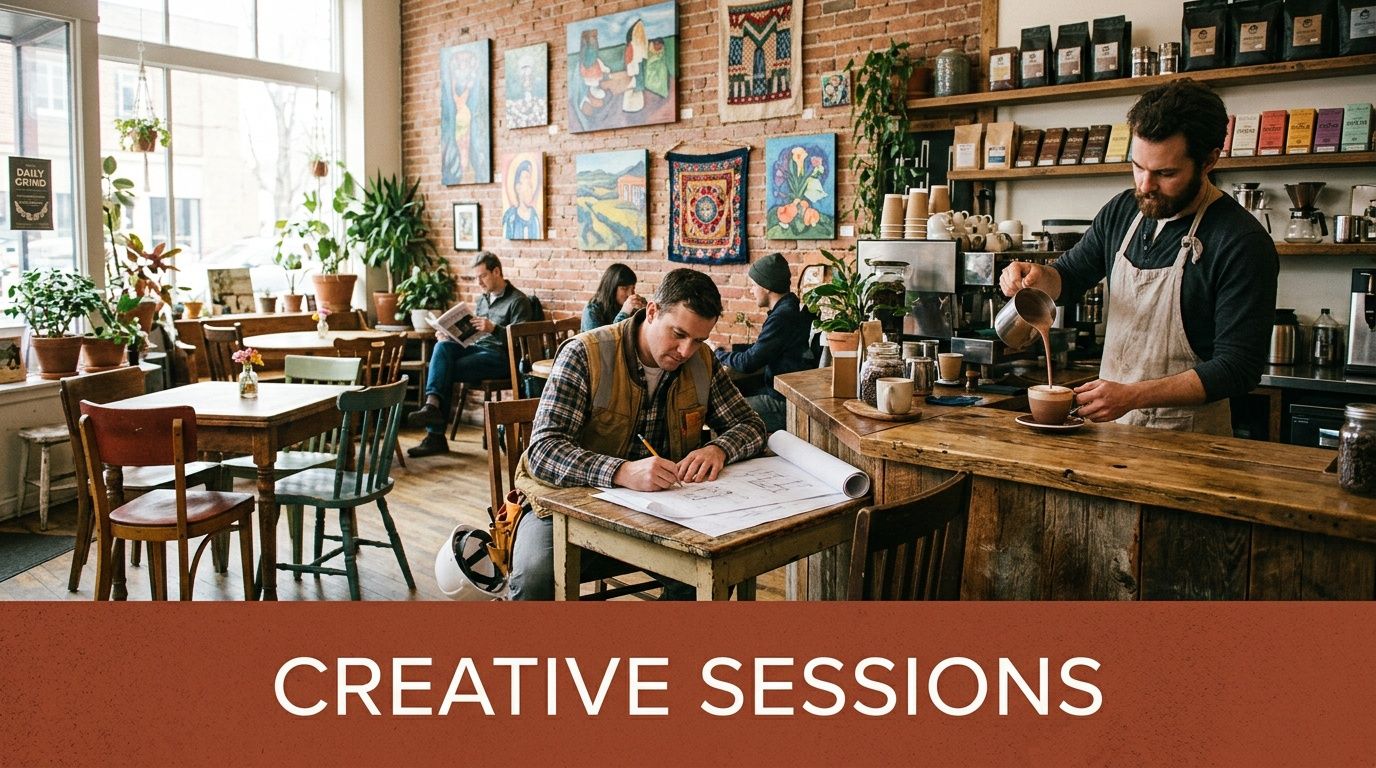 A vibrant coffee shop where a barista pours coffee and people are engaged in creative work.